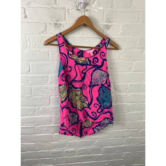 Lilly Pulitzer Women's Zip Back Tank Top Boat Neck Leaf Print Pink Size Small - Picture 1 of 5
